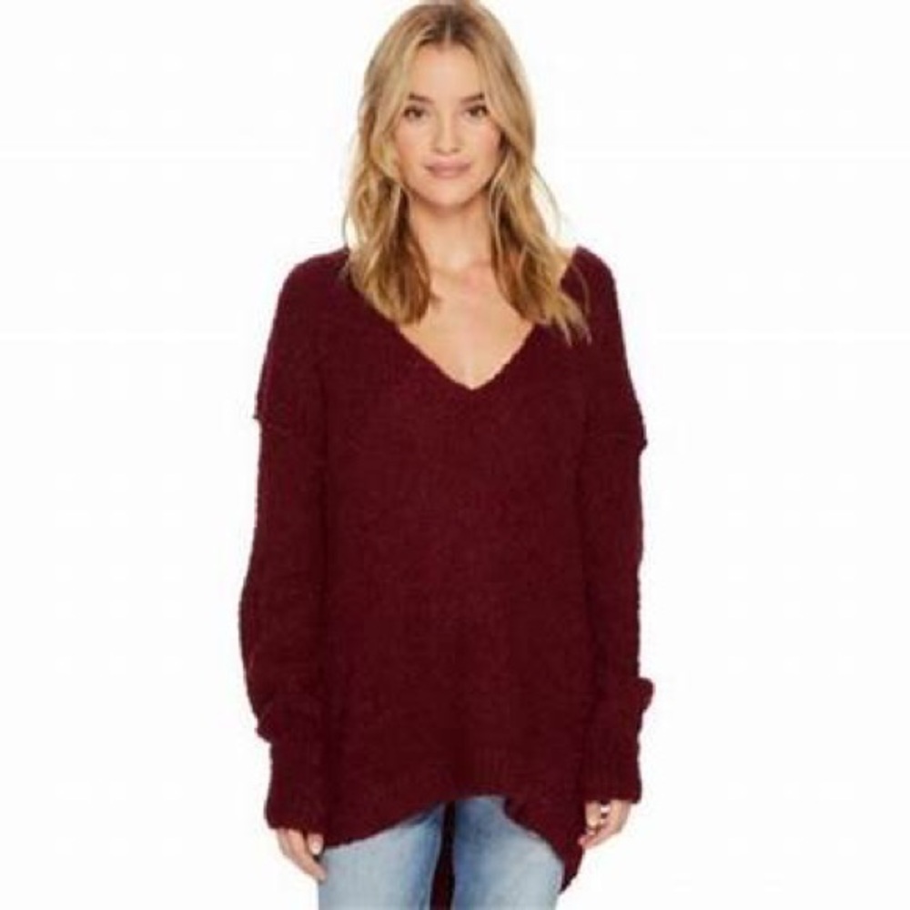 Free People Lofty V-Neck Oversized Sweater in Wine Size XS